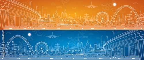 Vector: Industrial panorama, lines technology landscape city Industrial panorama, lines technology landscape city
