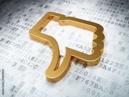Illustration: Social media concept: Golden Thumb Down on digital background Social media concept: Golden Thumb Down on digital background