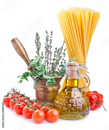 Photo: spaghetti ingredients isolated on white spaghetti ingredients isolated on white