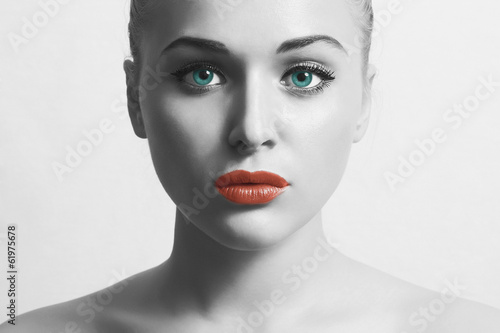 Photo: Beautiful Young Woman.Art monochrome portrait with Red Lips Beautiful Young Woman.Art monochrome portrait with Red Lips