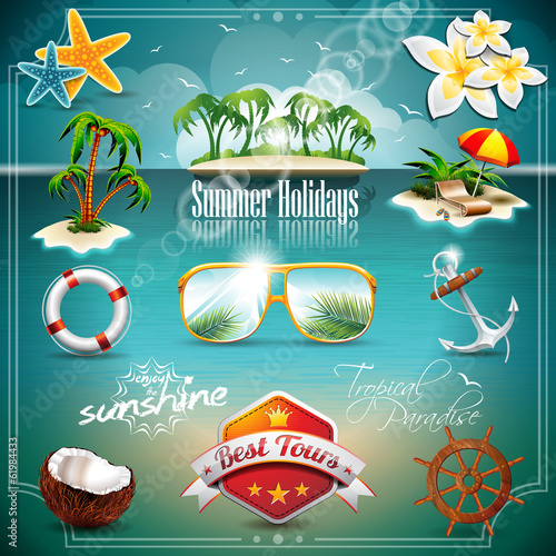 Vector: Vector Summer Holiday Icon set on blue sea background. Vector Summer Holiday Icon set on blue sea background.
