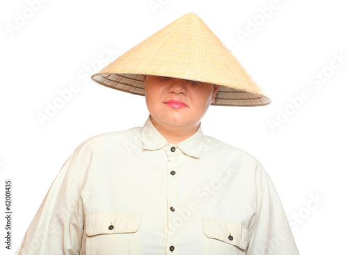 Photo: Blindfolded woman with red lips in the Chinese Hat. Blindfolded woman with red lips in the Chinese Hat.