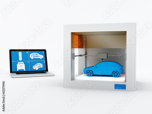 Illustration: 3d printer, printing car 3d printer, printing car