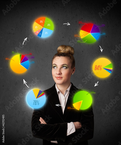Photo: Young woman thinking with pie charts circulation around her head Young woman thinking with pie charts circulation around her head