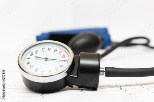 Photo: Sphygmomanometer on the cardiogram Sphygmomanometer on the cardiogram