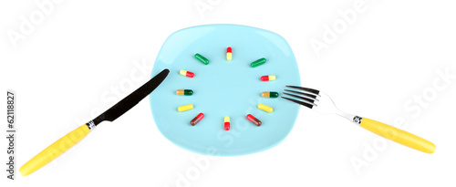 Photo: Medication schedule and meals. Conceptual photo. Isolated Medication schedule and meals. Conceptual photo. Isolated