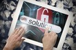 Hand touching solution on search bar on tablet screen Hand touching solution on search bar on tablet screen