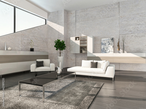 Illustration: Modern living room interior with cabinet and stone wall Modern living room interior with cabinet and stone wall
