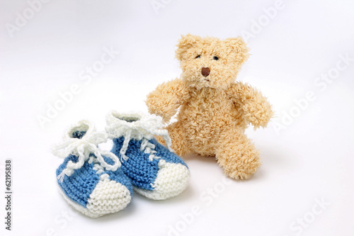 Photo: Gift for birth of boy - booties and teddy bear Gift for birth of boy - booties and teddy bear
