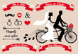 wedding, bride and groom on tandem bicycle, vector set wedding, bride and groom on tandem bicycle, vector set