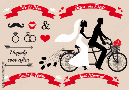Vector: wedding, bride and groom on tandem bicycle, vector set wedding, bride and groom on tandem bicycle, vector set