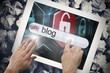 Hand touching blog on search bar on tablet screen Hand touching blog on search bar on tablet screen