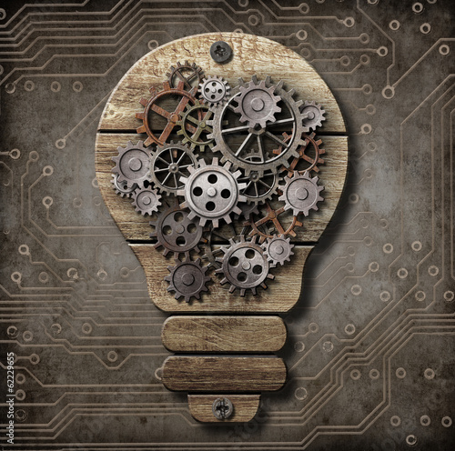 Illustration: Wooden lamp with cogs and gears. Idea concept. Wooden lamp with cogs and gears. Idea concept.