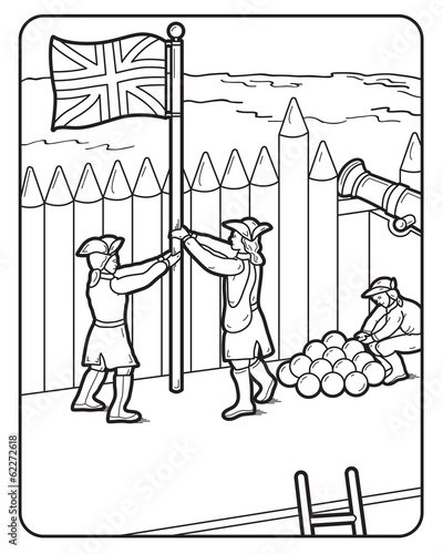 Vector: Vector Coloring Book Page Fort cannon balls British flag Vector Coloring Book Page Fort cannon balls British flag