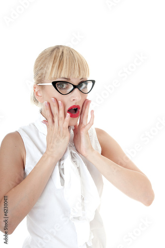 Photo: Crazy business woman in stress situation over white background. Crazy business woman in stress situation over white background.