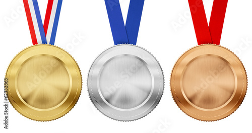 Illustration: gold, silver, bronze medal set with different ribbons isolated o gold, silver, bronze medal set with different ribbons isolated o
