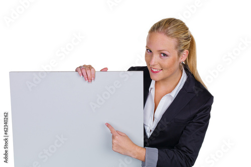 Photo: Frau in Business Kleidung mit Werbetafel Frau in Business Kleidung mit Werbetafel