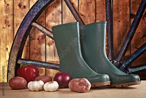 Photo: Rubber boots and various vegetable Rubber boots and various vegetable
