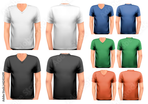 Vector: Black and white and color men t-shirts. Design template. Vector. Black and white and color men t-shirts. Design template. Vector.