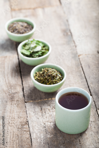 Photo: Different sorts of green tea in a green cup Different sorts of green tea in a green cup