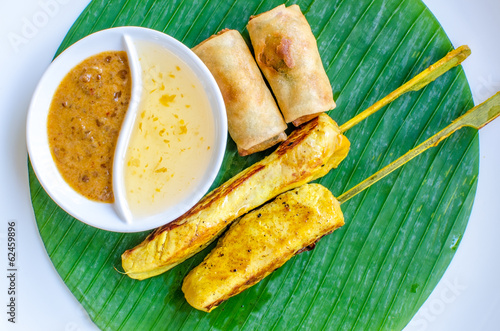Photo: Vegetables spring roll and chicken satay Vegetables spring roll and chicken satay