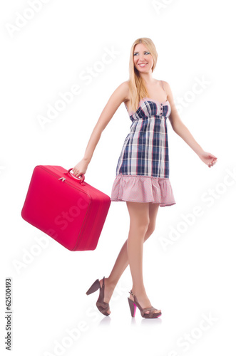 Photo: Woman preparing for vacation with suitcase on white Woman preparing for vacation with suitcase on white