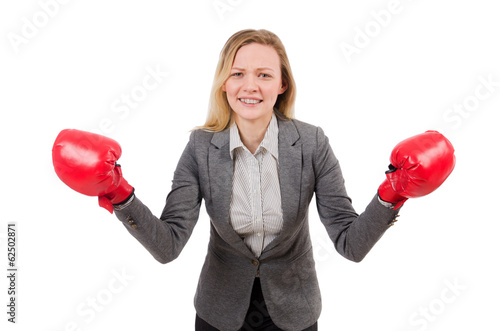 Photo: Woman businesswoman with boxing gloves on white Woman businesswoman with boxing gloves on white