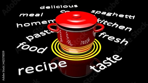 Illustration: Red pot with various cooking related text around it. Red pot with various cooking related text around it.