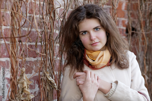Photo: The girl among climbers against a brick wall The girl among climbers against a brick wall