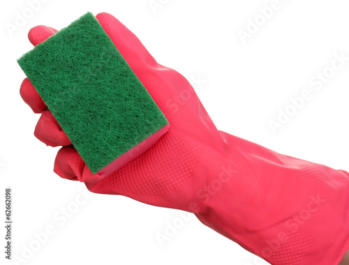 Photo: Sponge in hand isolated on white Sponge in hand isolated on white