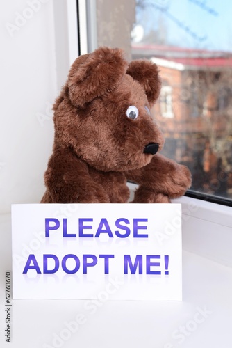 Photo: Toy-bear looking out window close-up Toy-bear looking out window close-up