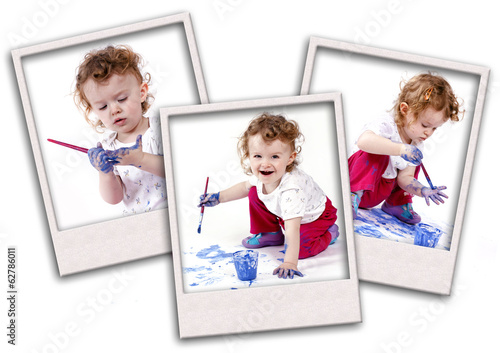 Photo: Little child painting with water colors - collage Little child painting with water colors - collage