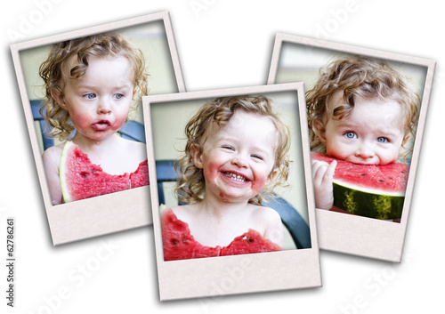 Photo: Collage of happy toddler eating melon in summertime Collage of happy toddler eating melon in summertime