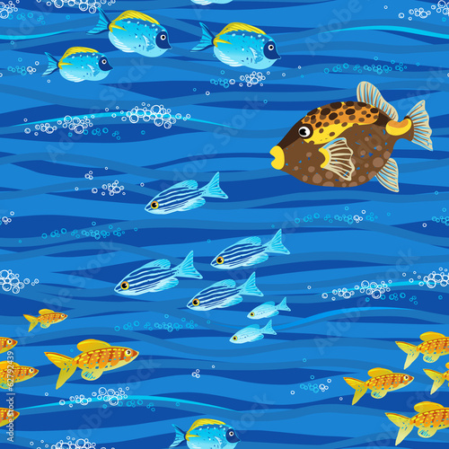  Seamless sea pattern with tropical fishes and bubbles