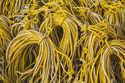 Photo: Rows of coiled yellow rope used for commercial fishing Oysterville USA Rows of coiled yellow rope used for commercial fishing Oysterville USA