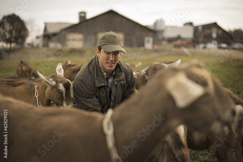Photo: A small organic dairy farm with a mixed herd of cows and goats. Farmer working and tending to the animals. A small organic dairy farm with a mixed herd of cows and goats. Farmer working and tending to the animals.