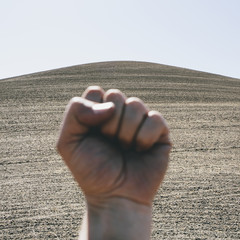 Photo: A hand bunched up and making fist, making a gesture. A ploughed field and farmland in the background, near Pullman in Washington state. A hand bunched up and making fist, making a gesture. A ploughed field and farmland in the background, near Pullman in Washington state.