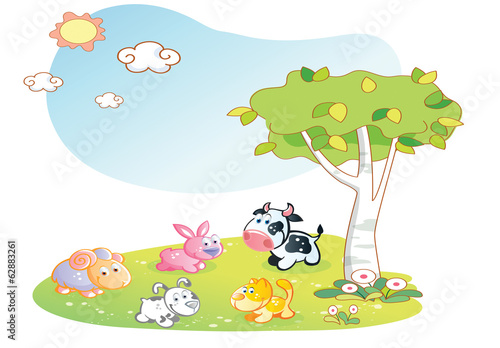 Illustration: farm animals cartoon with garden background farm animals cartoon with garden background