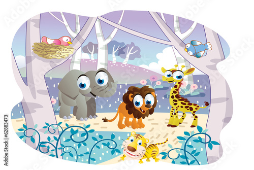 Illustration: cartoon animals playing in a beautiful garden cartoon animals playing in a beautiful garden