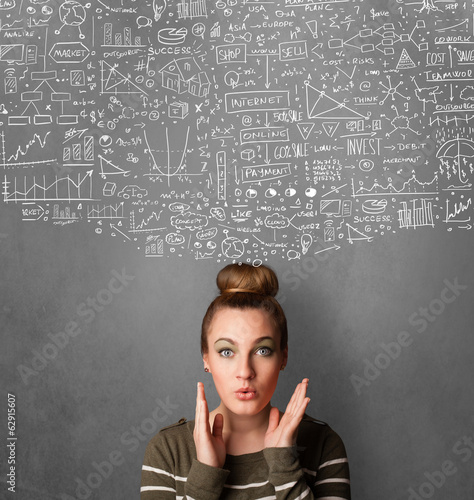 Photo: Young woman gesturing with sketched charts above her head Young woman gesturing with sketched charts above her head