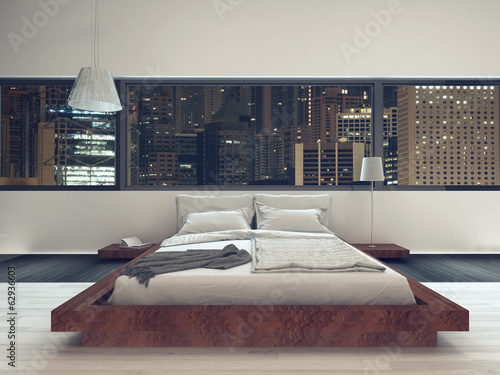 Illustration: Nice bedroom interior with modern furniture and cozy bed Nice bedroom interior with modern furniture and cozy bed