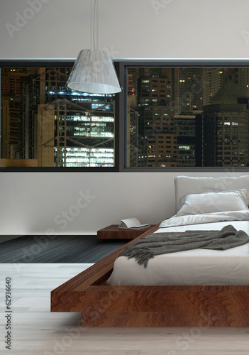 Illustration: Nice bedroom interior with modern furniture and cozy bed Nice bedroom interior with modern furniture and cozy bed