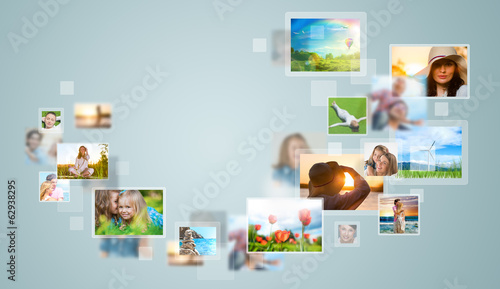 Photo: Travel and photo sharing technology background Travel and photo sharing technology background