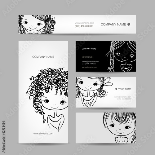 Vector: Cute girl smiling, set of business cards your design Cute girl smiling, set of business cards your design