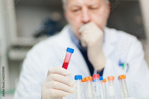 Photo: Researcher examining a test tube Researcher examining a test tube