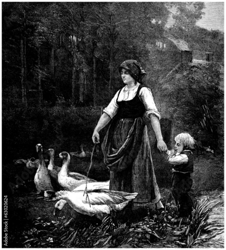 Illustration: Peasant Woman & her Geese - Gardeuse d'Oies - 19th century Peasant Woman & her Geese - Gardeuse d'Oies - 19th century