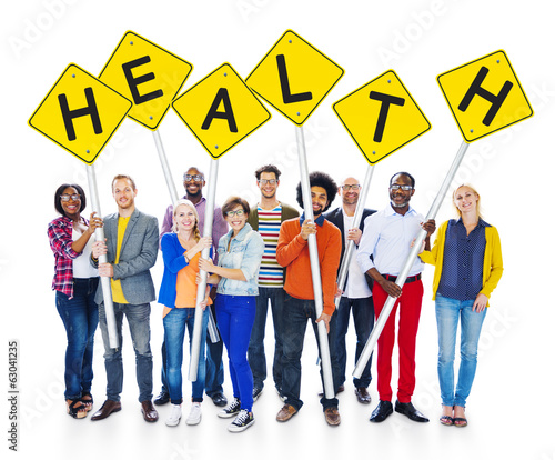 Photo: Happy Multi-Ethnic People Holding Signs With Health Happy Multi-Ethnic People Holding Signs With Health