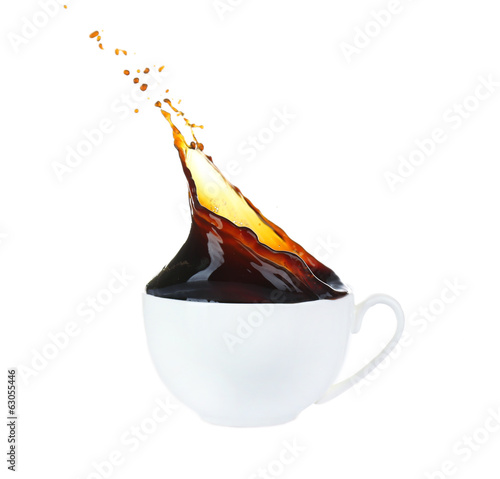 Photo: Cup of coffee with splash, isolated on white Cup of coffee with splash, isolated on white
