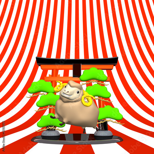 Illustration: Smile Sheep And Symbolic Entrance On Striped Pattern Text Space Smile Sheep And Symbolic Entrance On Striped Pattern Text Space