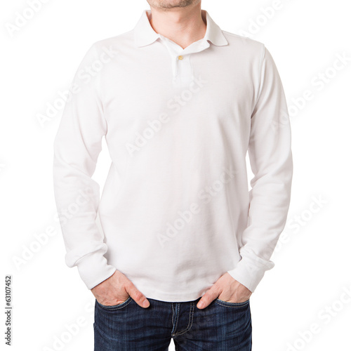 Photo: White polo shirt with a long sleeve on a young man White polo shirt with a long sleeve on a young man